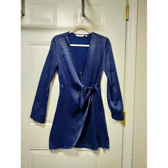 & Other Stories Paris Atelier Blue Satin Wrap Dress Long Sleeve VNeck Tie Waist - Picture 2 of 13